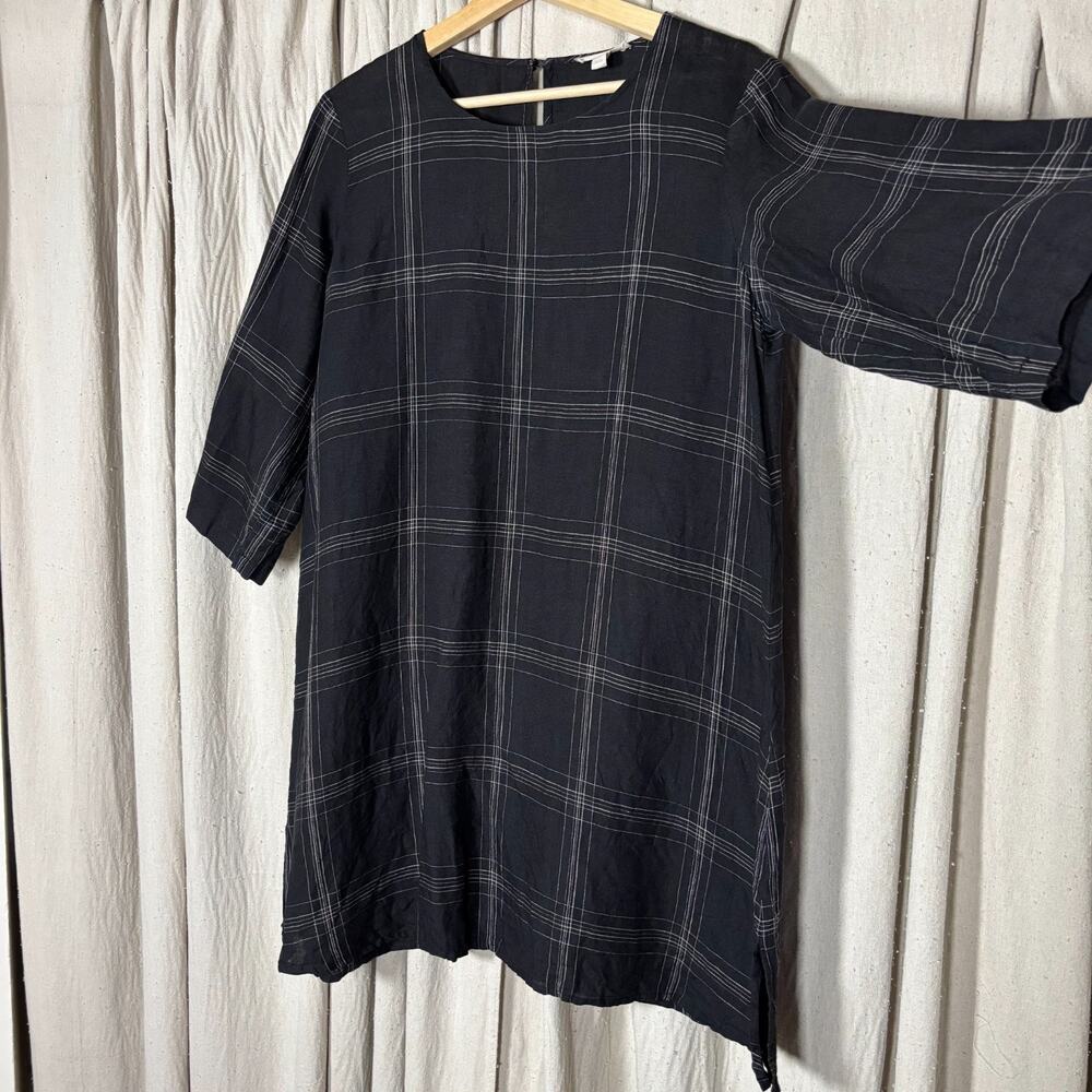 Eileen Fisher Organic Linen Plaid Tunic Dress Black White M Lagenlook Quiet Lux